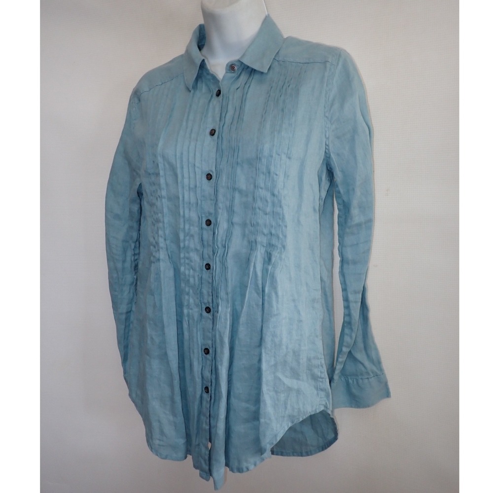 Sundance Womens XS Blue 100% Linen Pintuck Pleated Button Down Long Sleeve Shirt - Picture 3 of 5